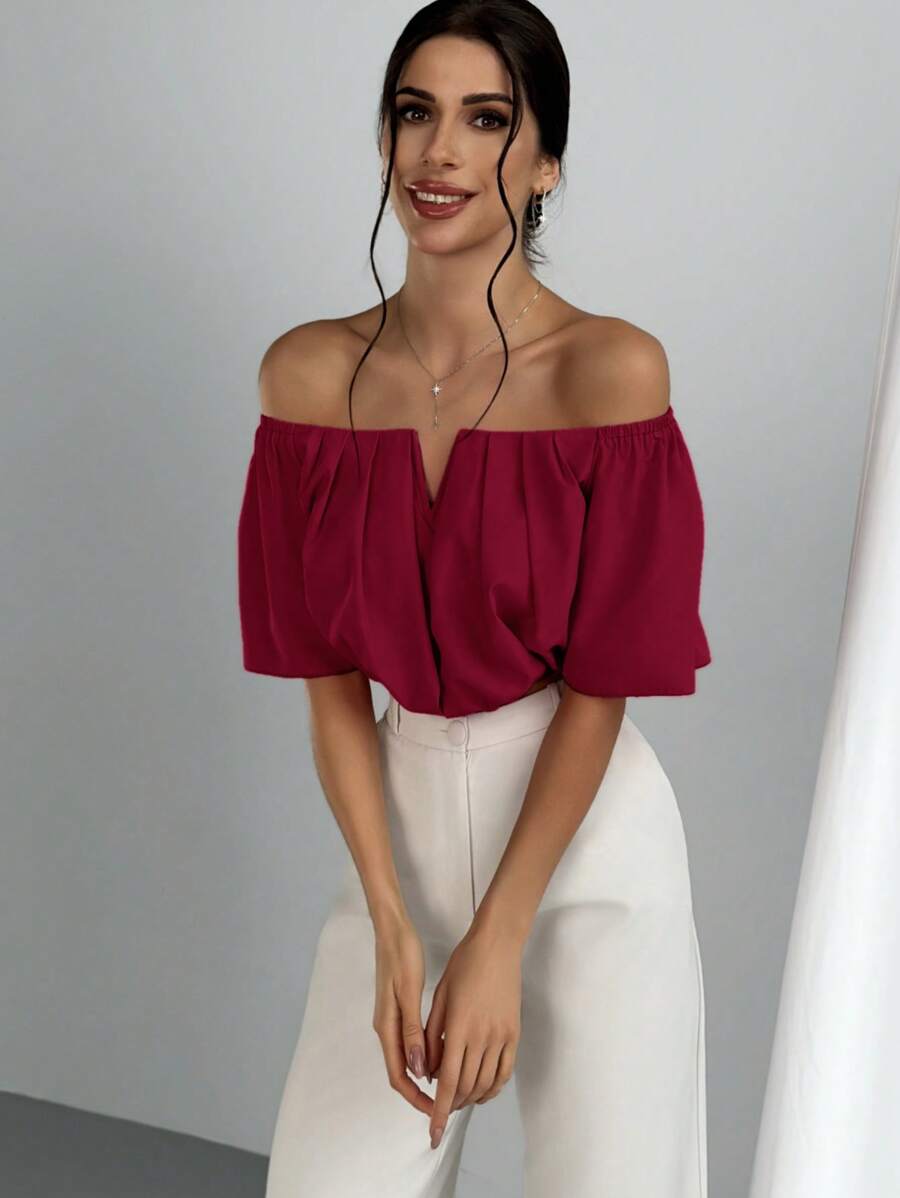 Women's Summer Solid Color Off Shoulder V Neck And Elastic Waist Blouse shein