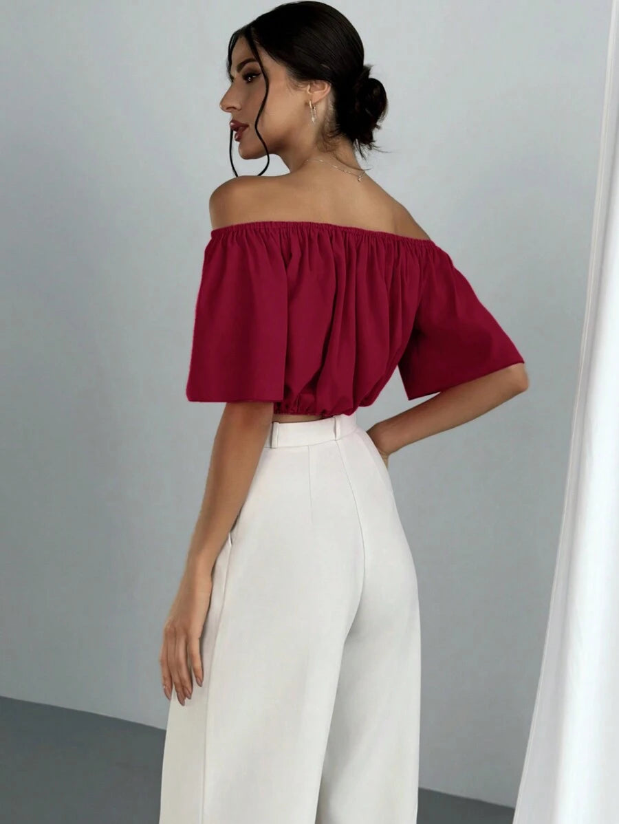 Women's Summer Solid Color Off Shoulder V Neck And Elastic Waist Blouse shein
