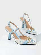 Women's Embroidery Chain Decor Pointed Toe Slip-On High Heel Sandals shein
