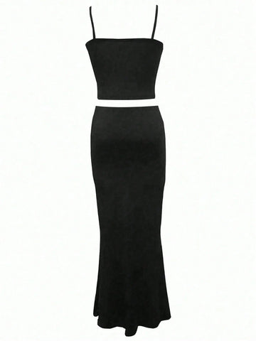 EZwear Ladies' Solid Color Simple Daily Strapless Top And Skirt