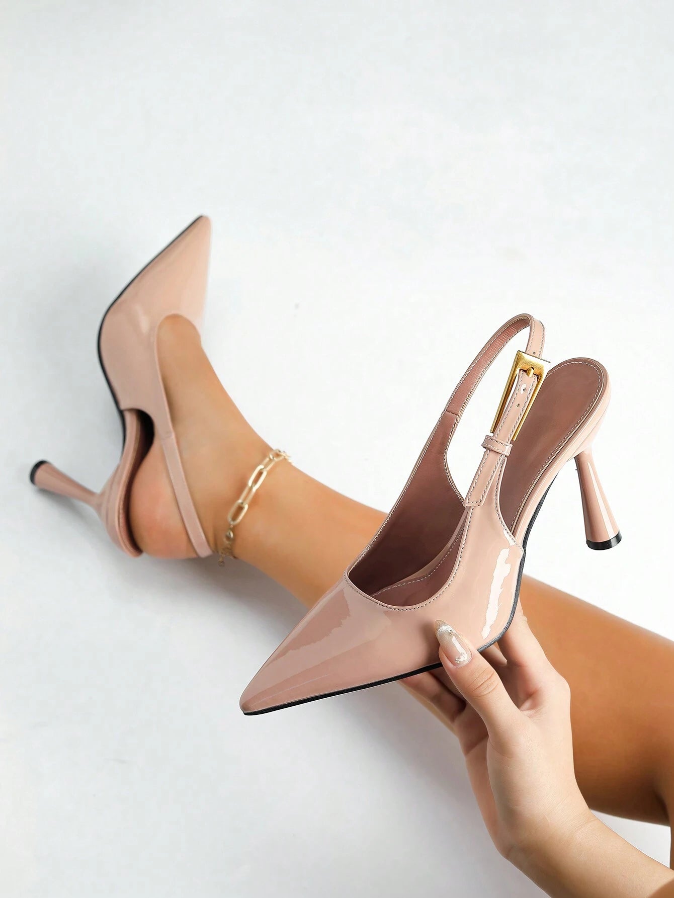 Women's Pointed Toe Fashion Button Detail Patent Leather Slip-On Heeled Pumps shein