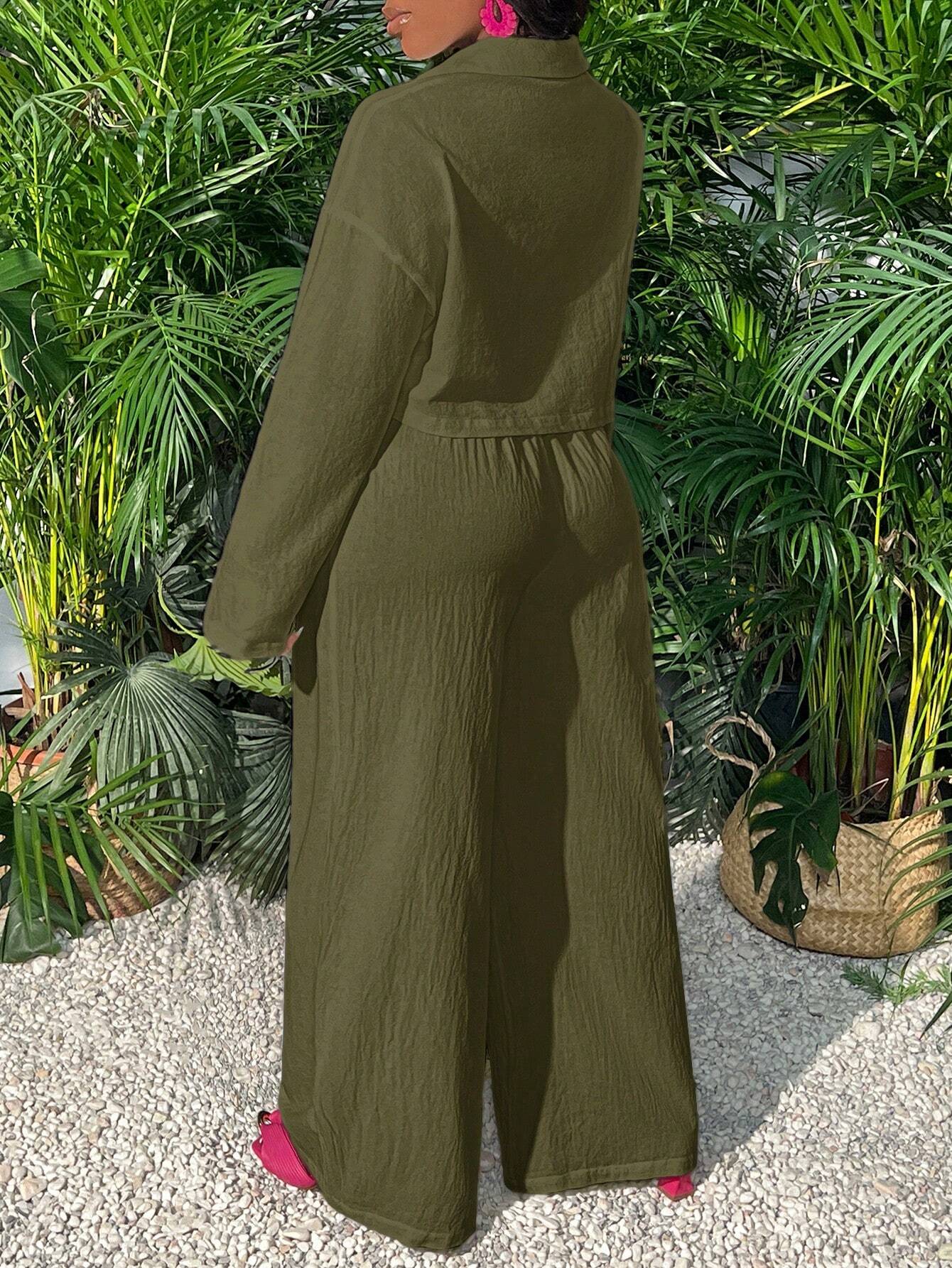 Slayr Casual Loose White Long Sleeve Cropped Shirt Top And Wide Leg Pants shein
