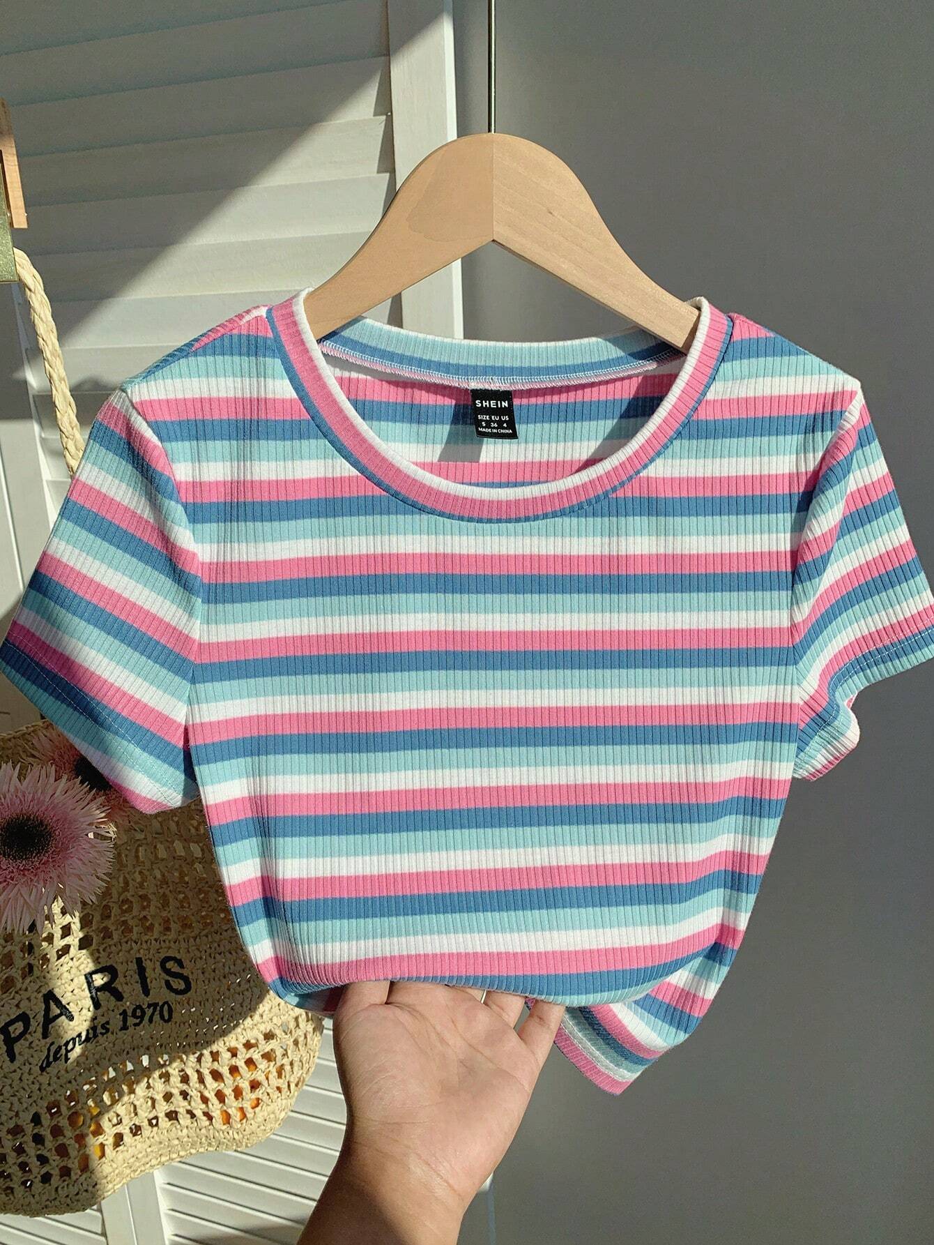 EZwear Colorful Striped Knit Slim-Fit Women\ T-Shirt shein