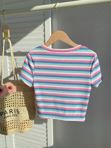 EZwear Colorful Striped Knit Slim-Fit Women\ T-Shirt shein