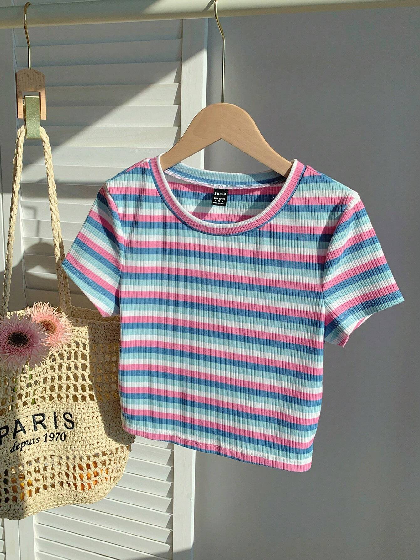 EZwear Colorful Striped Knit Slim-Fit Women\ T-Shirt shein