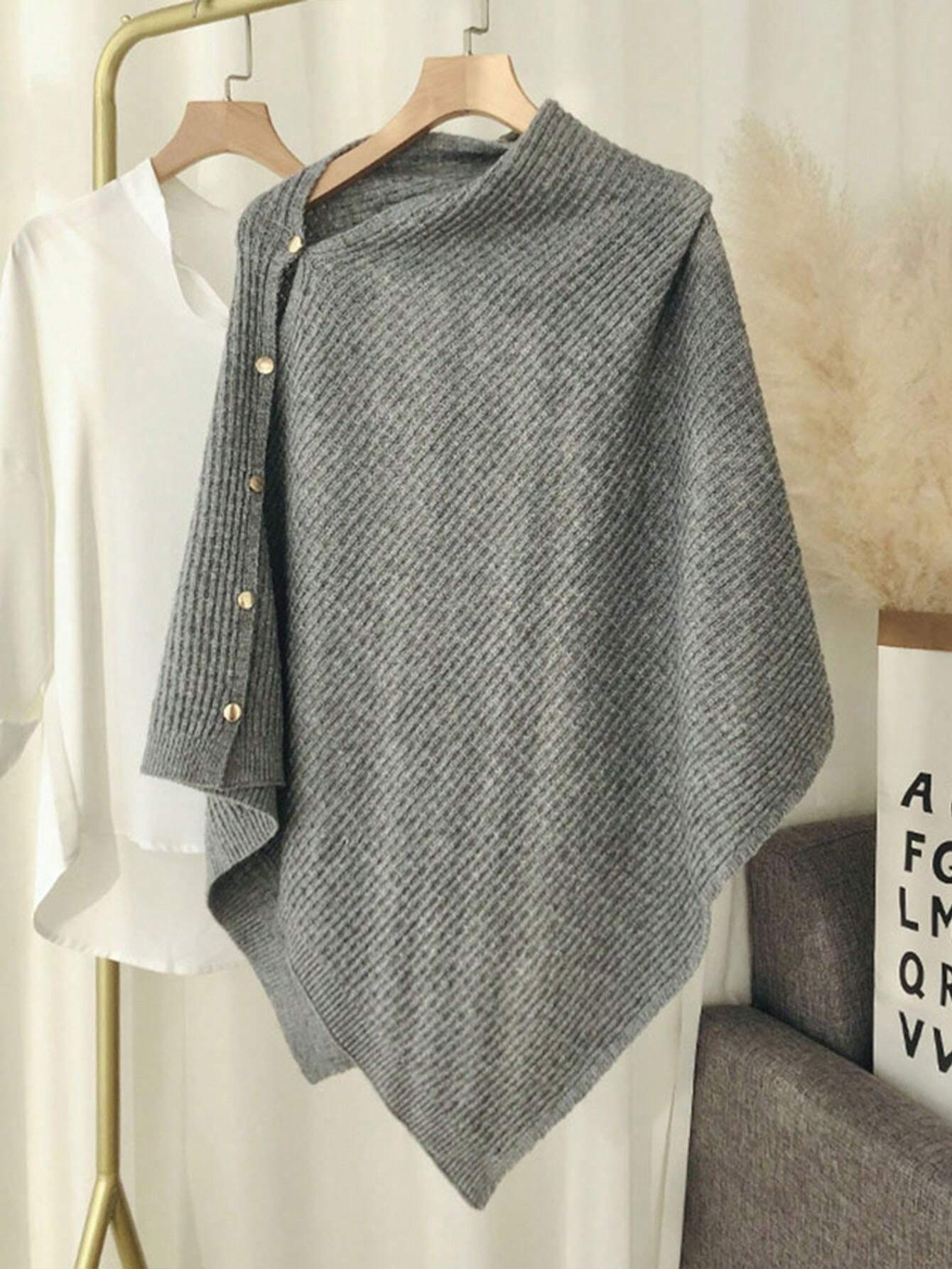 1pc Women's Knitted Versatile Warm Plain Poncho Cape Multifunctional Buttoned Plaid Scarf shein