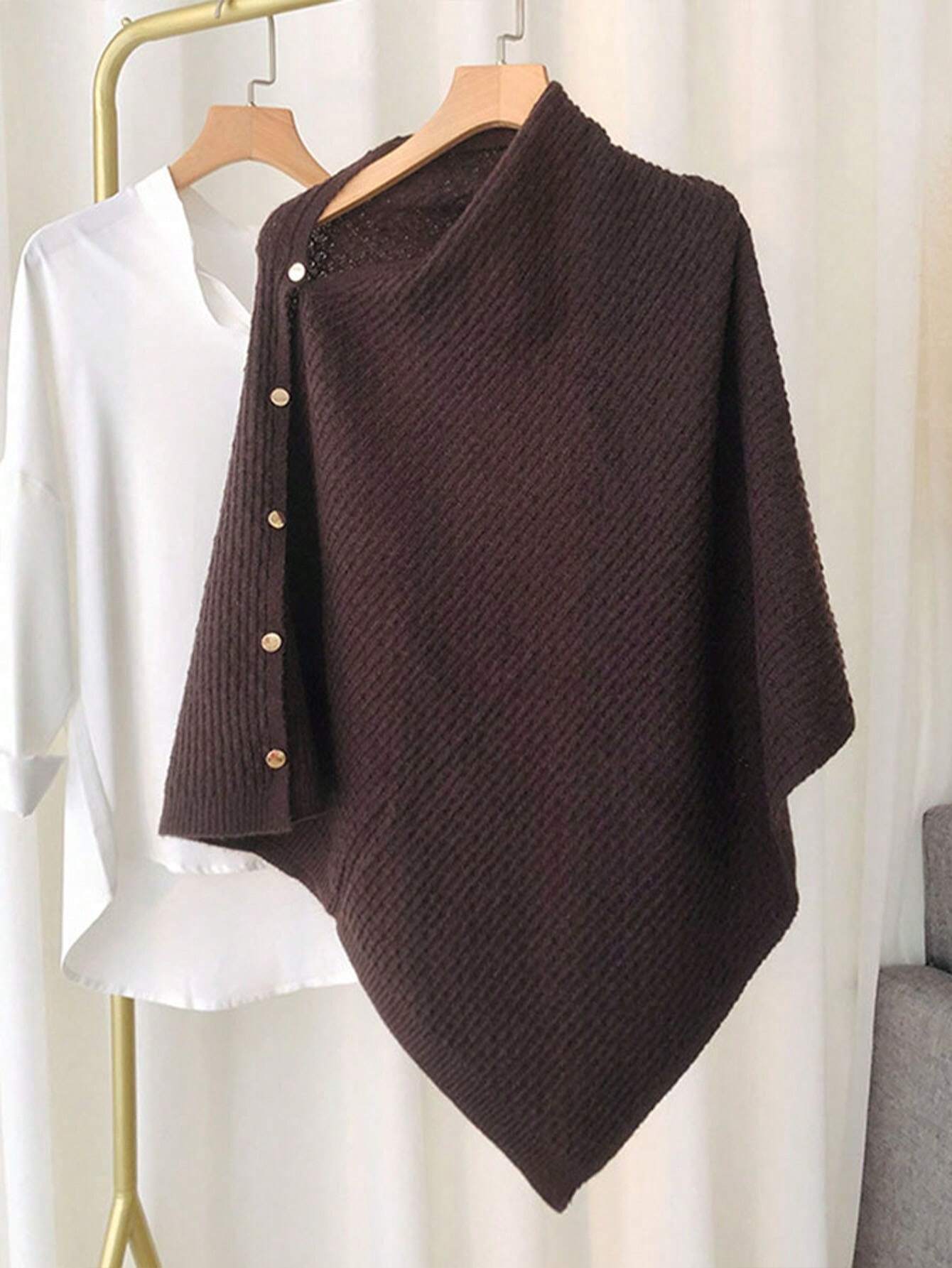 1pc Women's Knitted Versatile Warm Plain Poncho Cape Multifunctional Buttoned Plaid Scarf shein