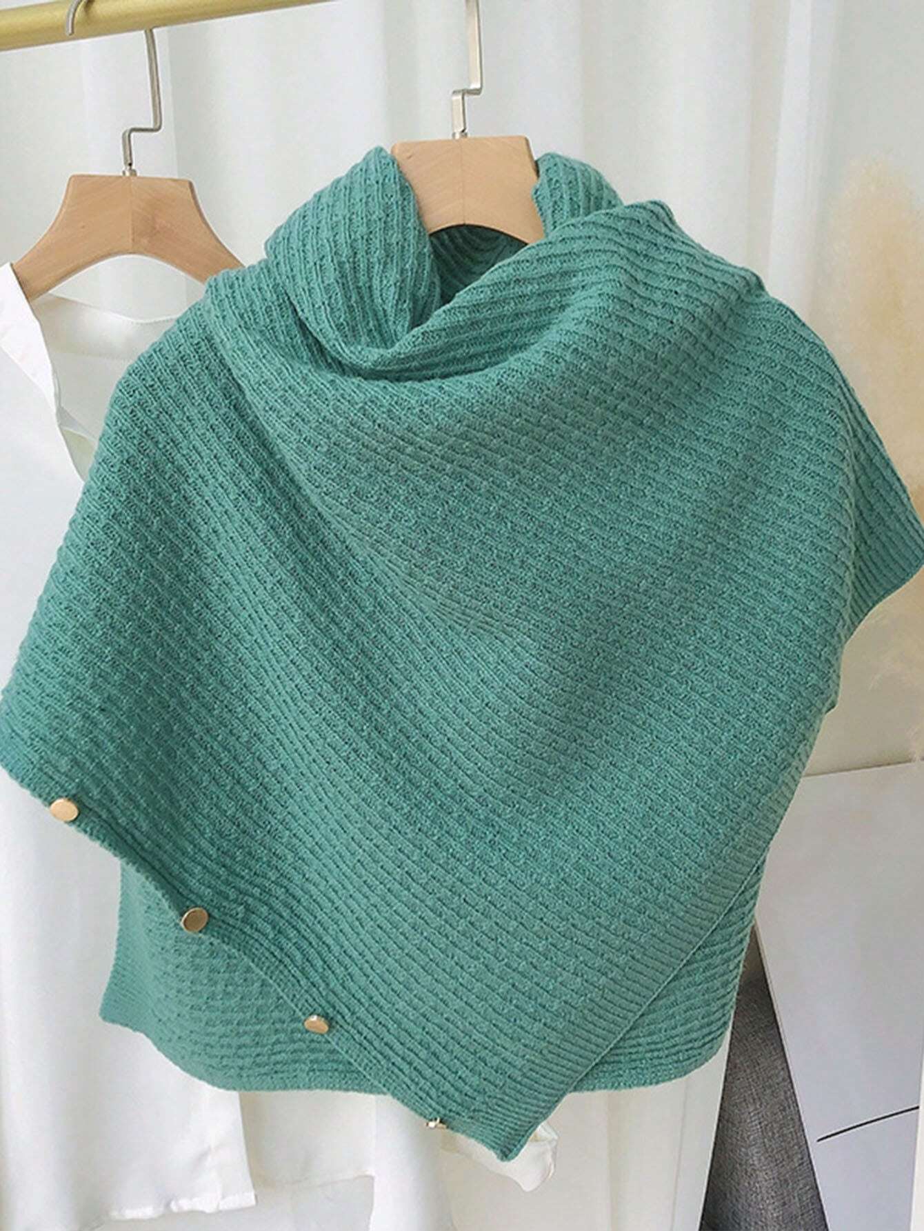 1pc Women's Knitted Versatile Warm Plain Poncho Cape Multifunctional Buttoned Plaid Scarf shein