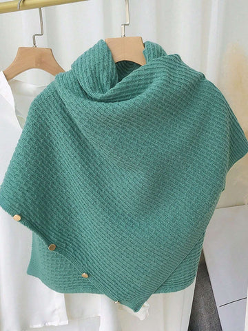 1pc Women's Knitted Versatile Warm Plain Poncho Cape Multifunctional Buttoned Plaid Scarf