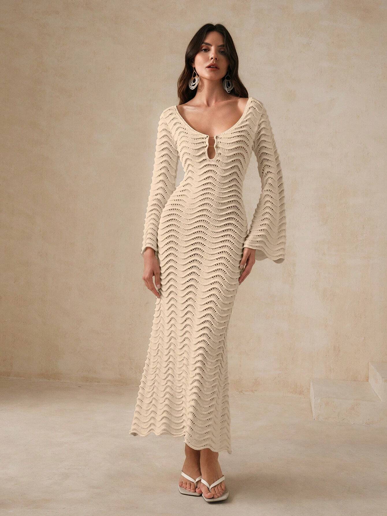 AZ Solid Color Knitted Hollow Out Wave Shaped Flare Sleeve dress shein