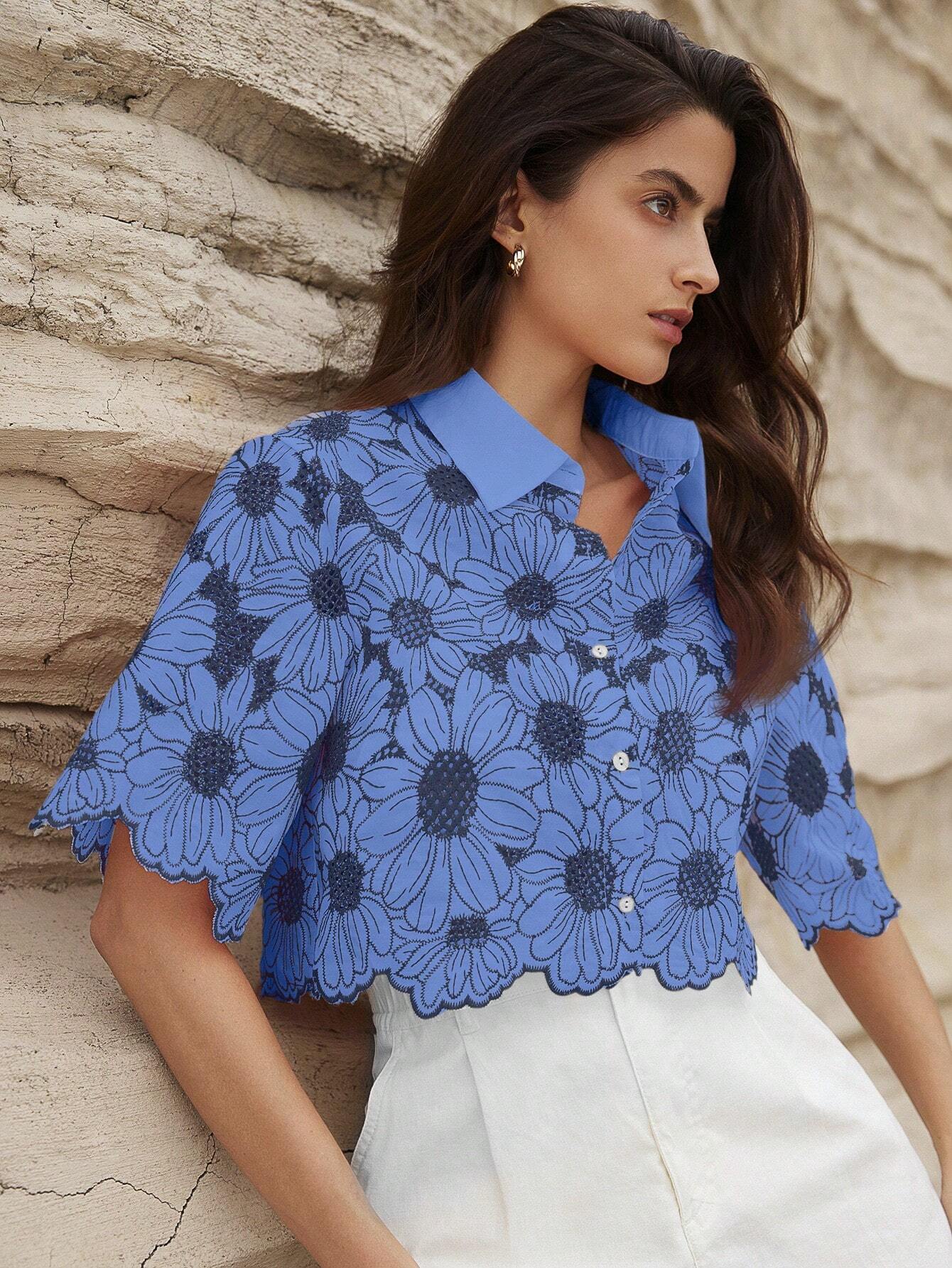 VCAY Women's Elegant Hollow Out Embroidered Daisy Random Vacation Shirt shein