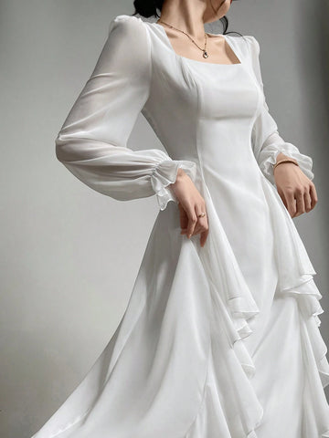 Women's Solid Color Simple Daily Wear Square Neck Long Sleeve Dress