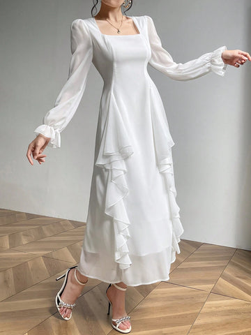Women's Solid Color Simple Daily Wear Square Neck Long Sleeve Dress
