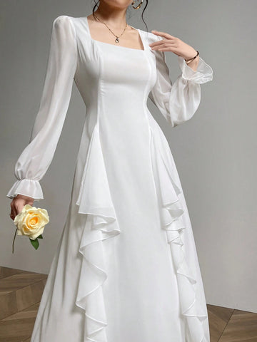Women's Solid Color Simple Daily Wear Square Neck Long Sleeve Dress