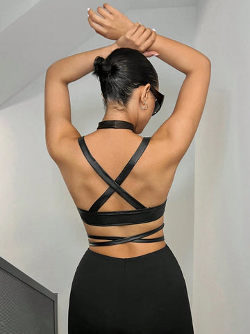 ICON Y2k Black Fashionable Halter Neck Hollow Out Bralette Top With Smocked Hem shein