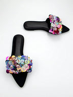 Handmade Beads Embroidery 3D Flower Decor Black Lycra Pointed Toe Flat Mules shein