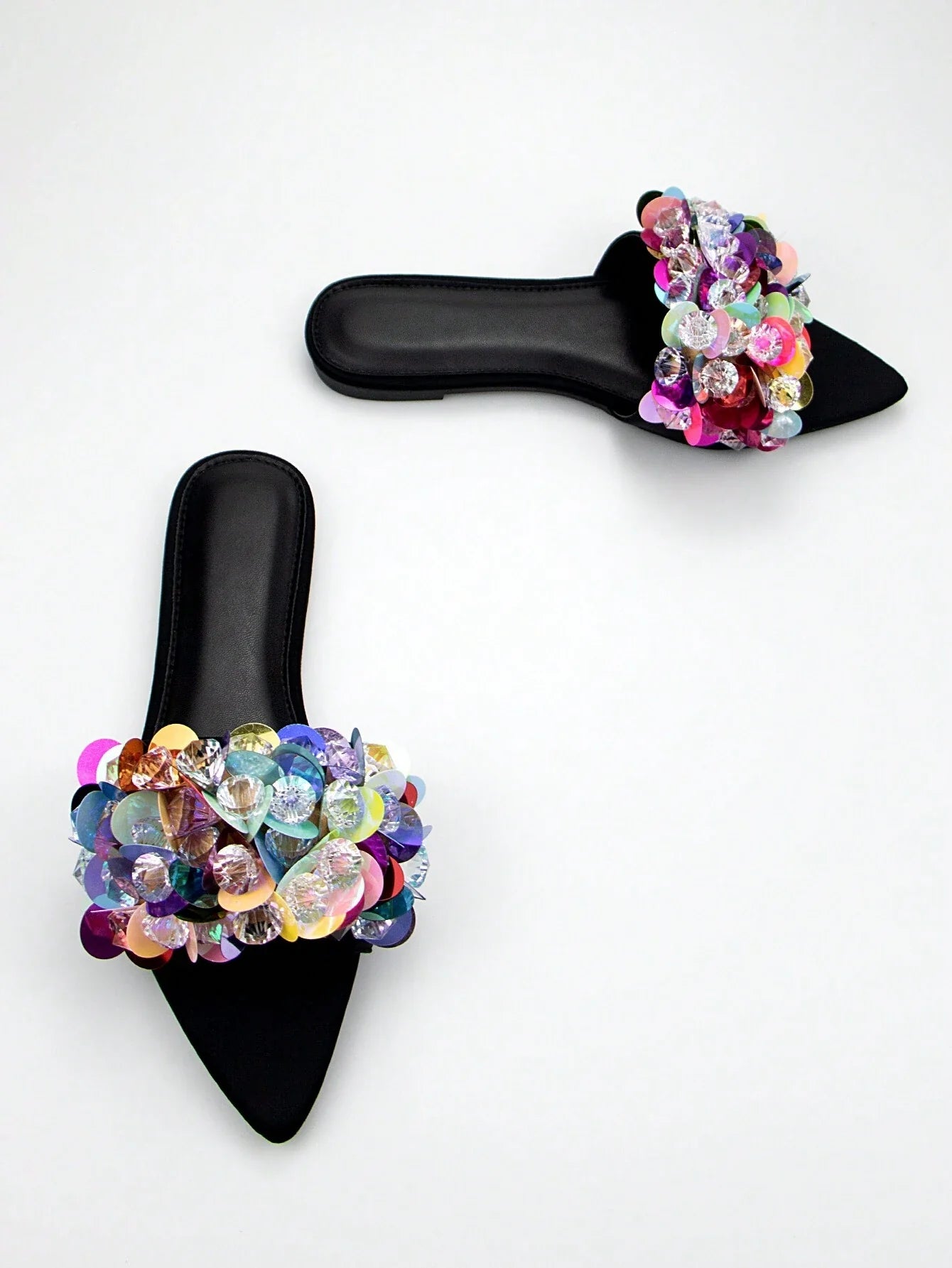 Handmade Beads Embroidery 3D Flower Decor Black Lycra Pointed Toe Flat Mules shein