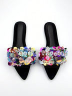Handmade Beads Embroidery 3D Flower Decor Black Lycra Pointed Toe Flat Mules shein
