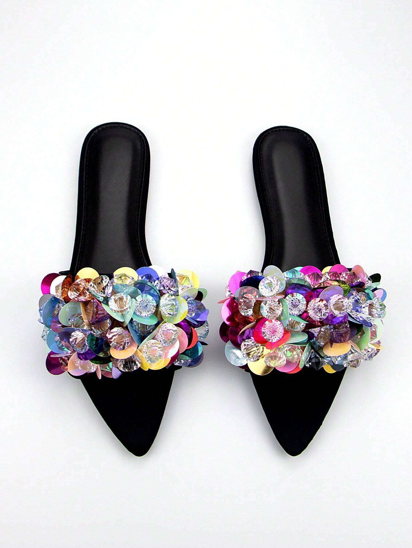 Handmade Beads Embroidery 3D Flower Decor Black Lycra Pointed Toe Flat Mules shein