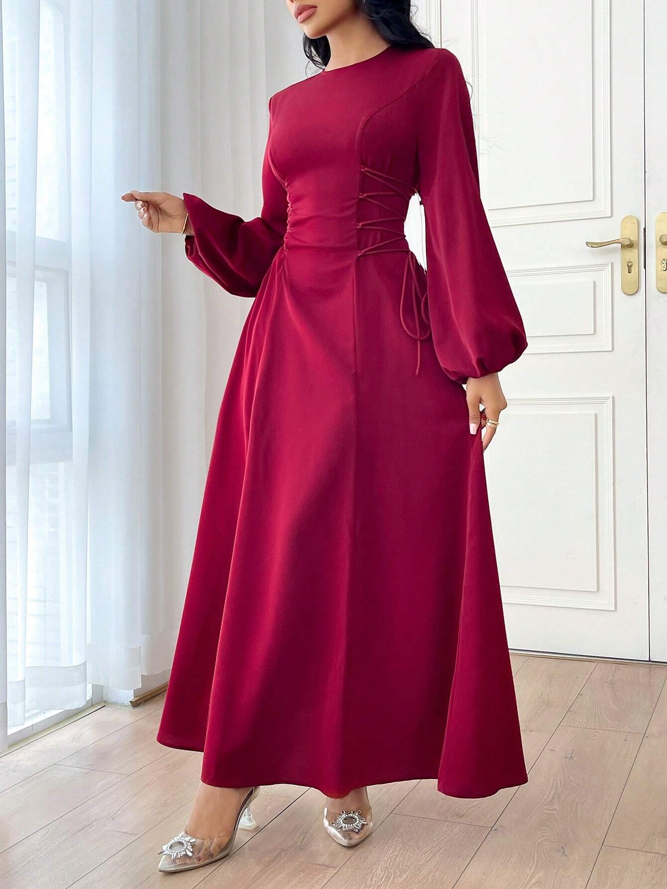 Modely Women's Solid Color Simple Daily Long Sleeve Dress shein