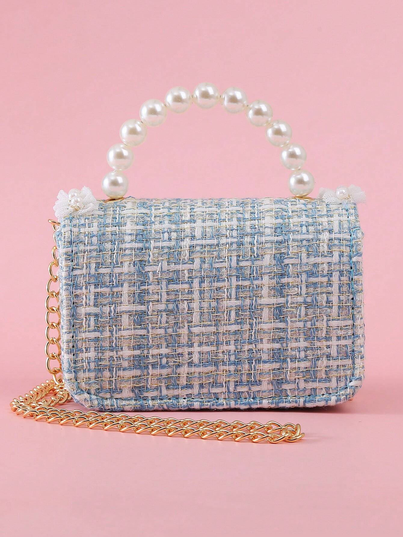 1pc Mini Girls' Cloth Shoulder Bag With Bowknot, Pearl Beads, Lace Edge And Metal Chain shein