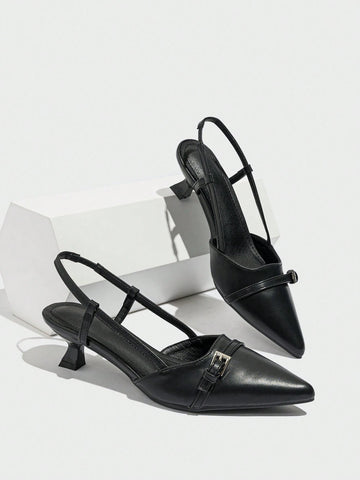 Patent Leather Pointed Toe Women's High Heel Shoes, Open Back With Buckle Strap