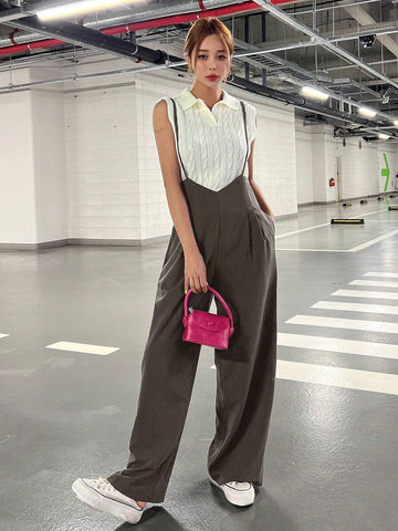 DAZY Solid Wide Leg Suspender Jumpsuit shein