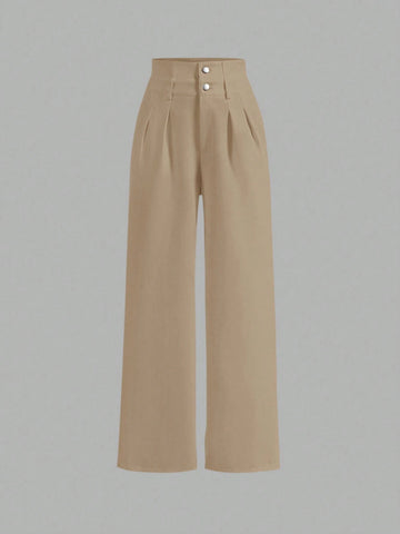 MOD Solid Button Front Wide Leg Pants shein