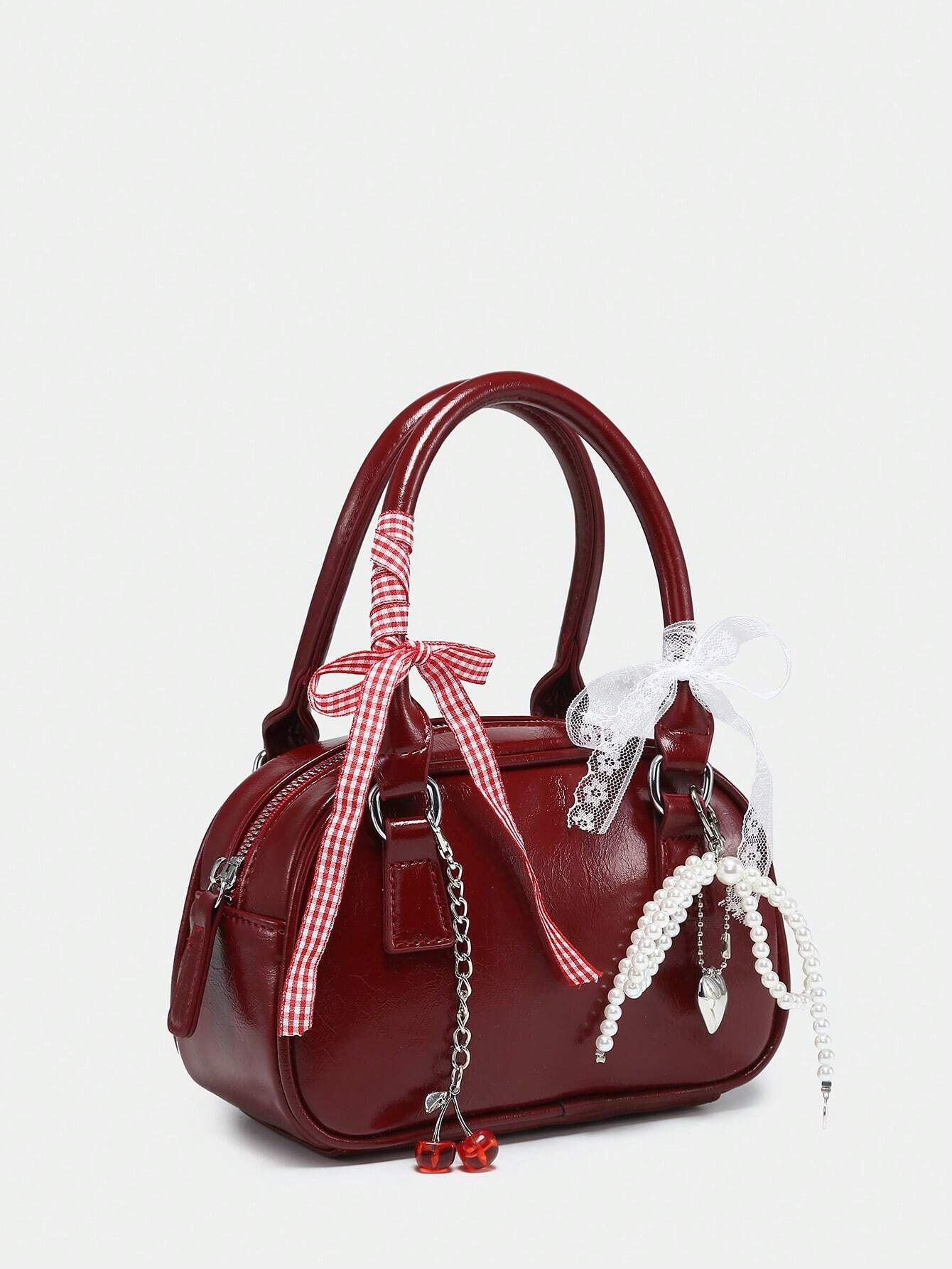 ROMWE Women's Cute Ballet Style Cherry Pearl & Bow Decor Mini Handbag shein