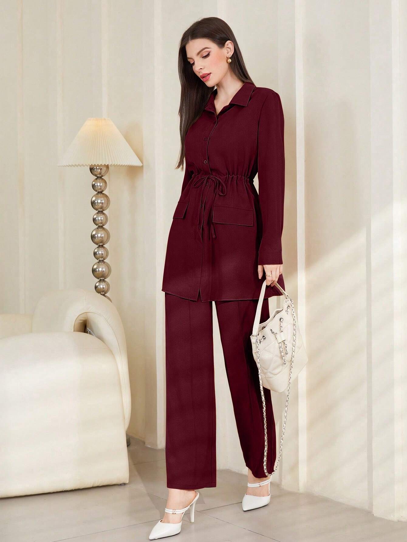 Mulvari Burgundy Red Women Solid Color Minimalist Casual Long Sleeve Top And Pants Set shein