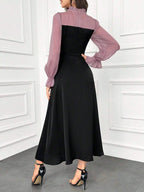 Modely Women's Elegant Ruffle Trim Color Block Tie Waist Dress With Flouncy Cuffs shein