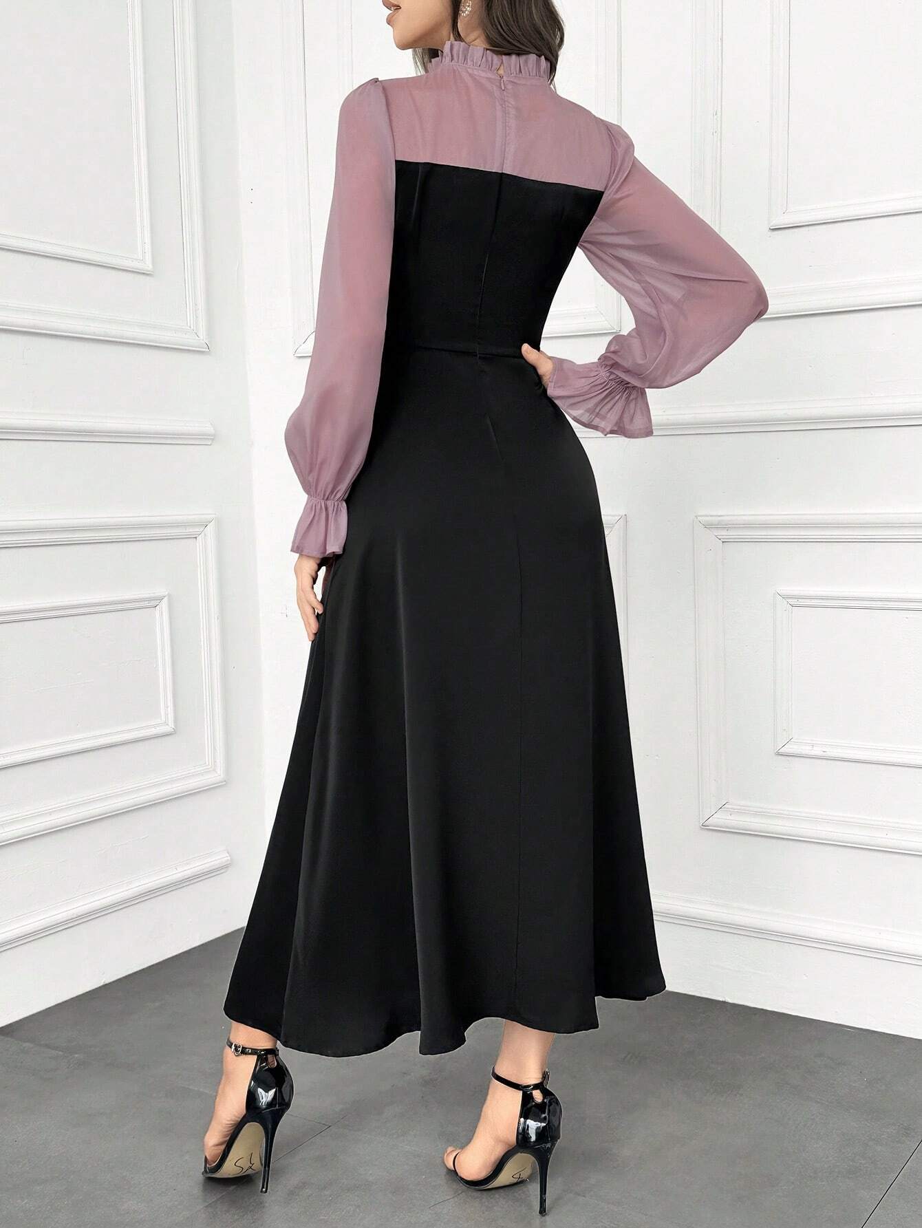 Modely Women's Elegant Ruffle Trim Color Block Tie Waist Dress With Flouncy Cuffs shein