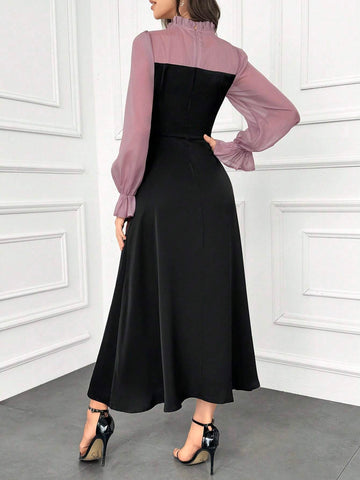 Modely Women's Elegant Ruffle Trim Color Block Tie Waist Dress With Flouncy Cuffs