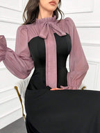Modely Women's Elegant Ruffle Trim Color Block Tie Waist Dress With Flouncy Cuffs shein