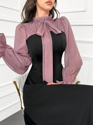 Modely Women's Elegant Ruffle Trim Color Block Tie Waist Dress With Flouncy Cuffs