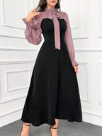 Modely Women's Elegant Ruffle Trim Color Block Tie Waist Dress With Flouncy Cuffs shein