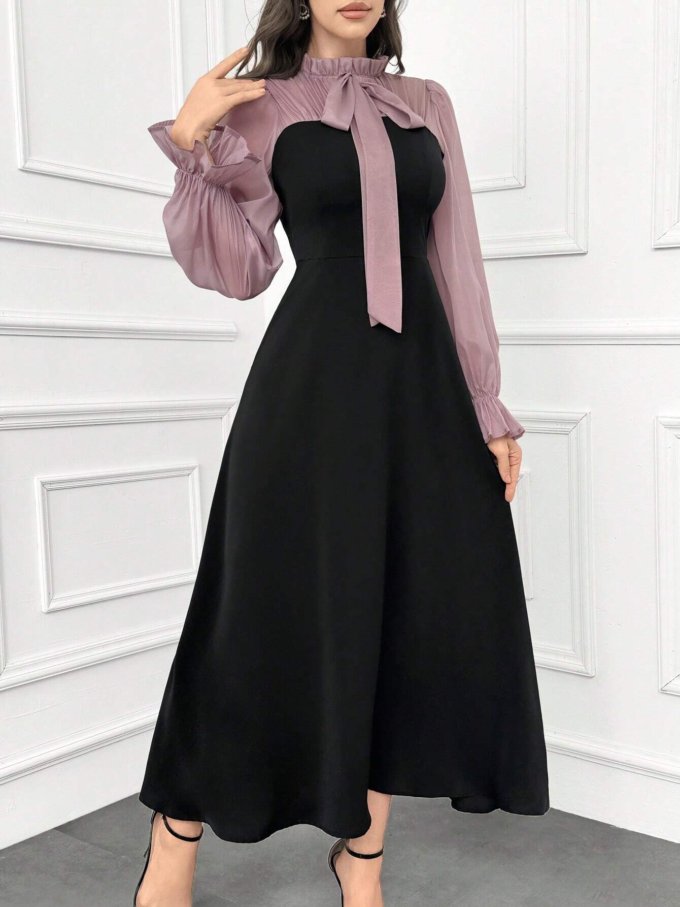 Modely Women's Elegant Ruffle Trim Color Block Tie Waist Dress With Flouncy Cuffs shein
