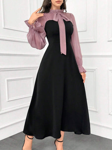 Modely Women's Elegant Ruffle Trim Color Block Tie Waist Dress With Flouncy Cuffs
