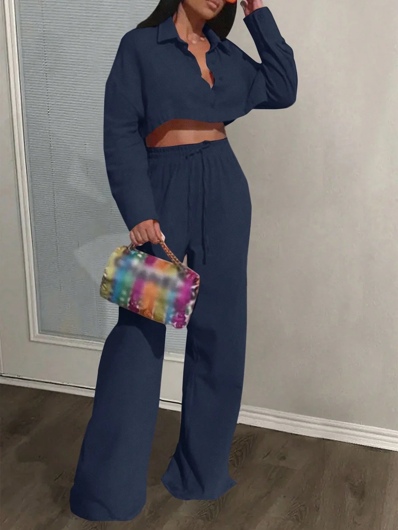 Slayr Casual Loose White Long Sleeve Cropped Shirt Top And Wide Leg Pants shein