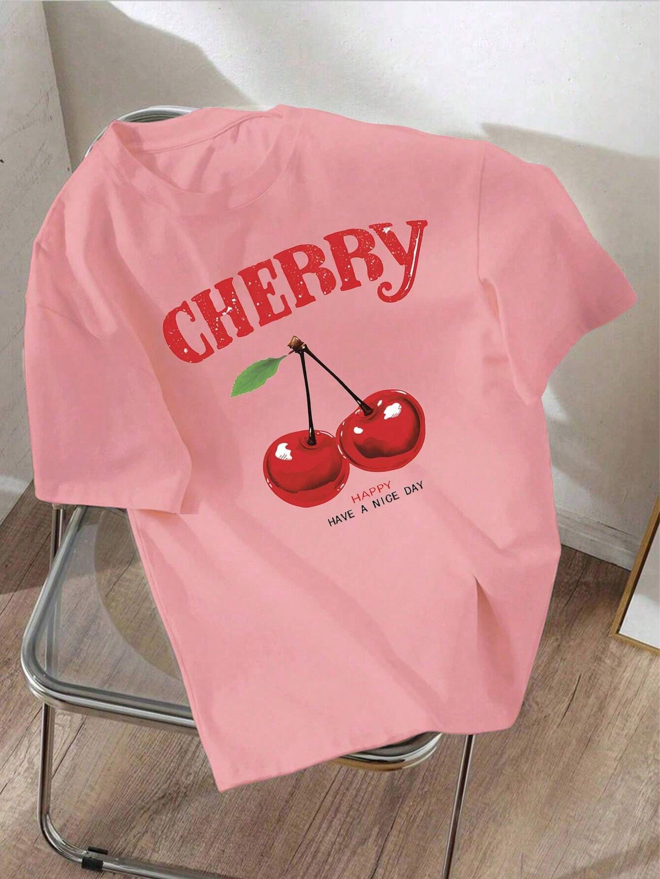 EZwear Oversized Casual Cherry Pattern Round Neck Short Sleeve T-Shirt shein