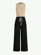 Essnce Summer Casual Solid Color Slim-Fit Ruched Crop Top And Long Pants Set shein