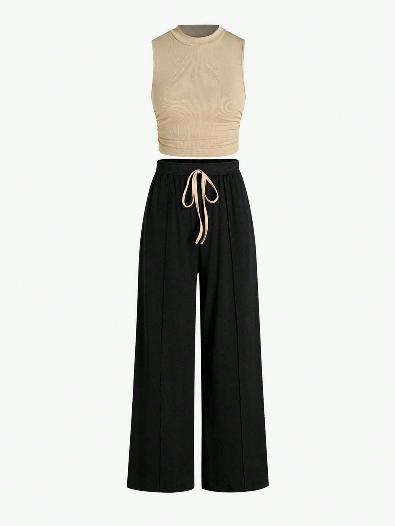 Essnce Summer Casual Solid Color Slim-Fit Ruched Crop Top And Long Pants Set shein