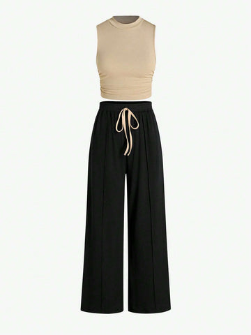 Essnce Summer Casual Solid Color Slim-Fit Ruched Crop Top And Long Pants Set