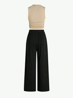 Essnce Summer Casual Solid Color Slim-Fit Ruched Crop Top And Long Pants Set shein