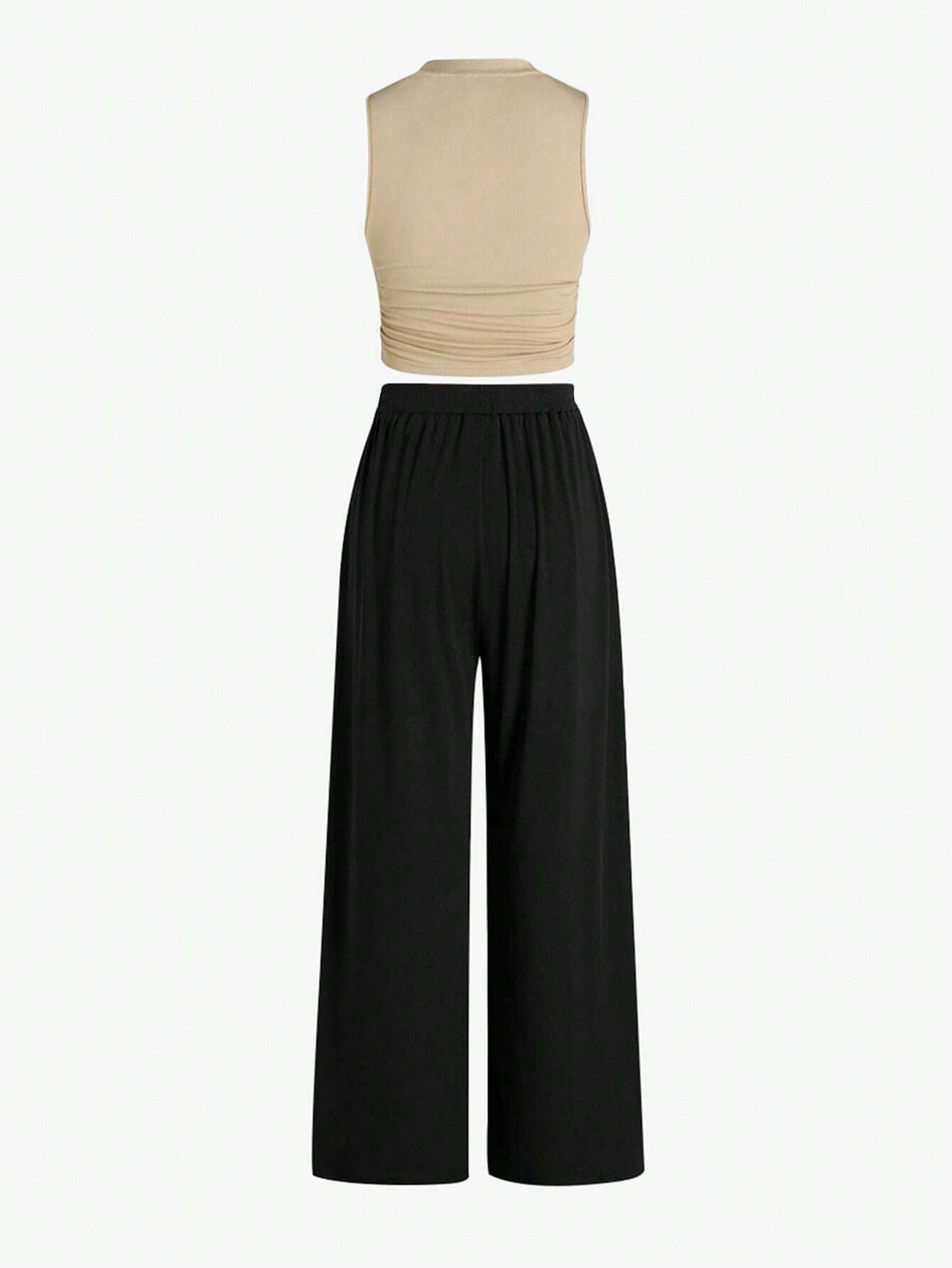 Essnce Summer Casual Solid Color Slim-Fit Ruched Crop Top And Long Pants Set shein