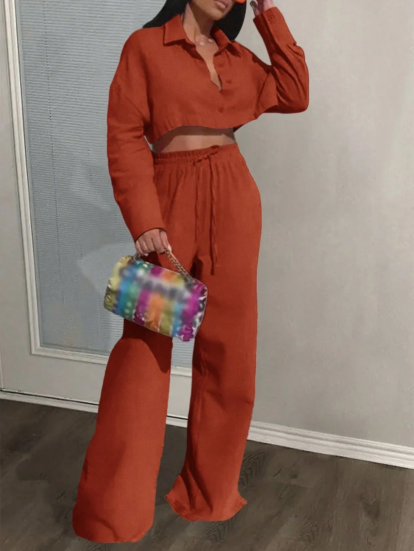 Slayr Casual Loose White Long Sleeve Cropped Shirt Top And Wide Leg Pants shein