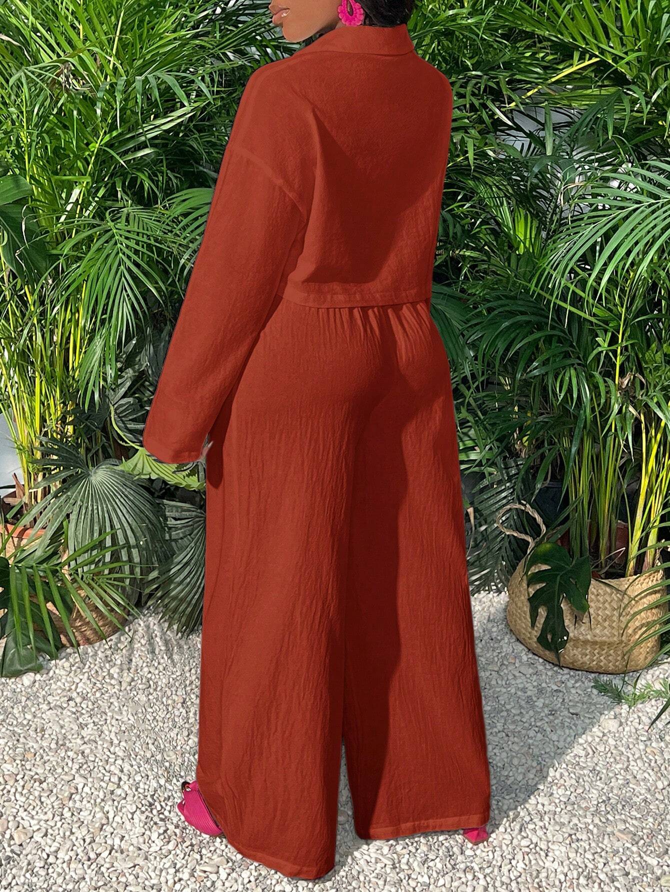 Slayr Casual Loose White Long Sleeve Cropped Shirt Top And Wide Leg Pants shein