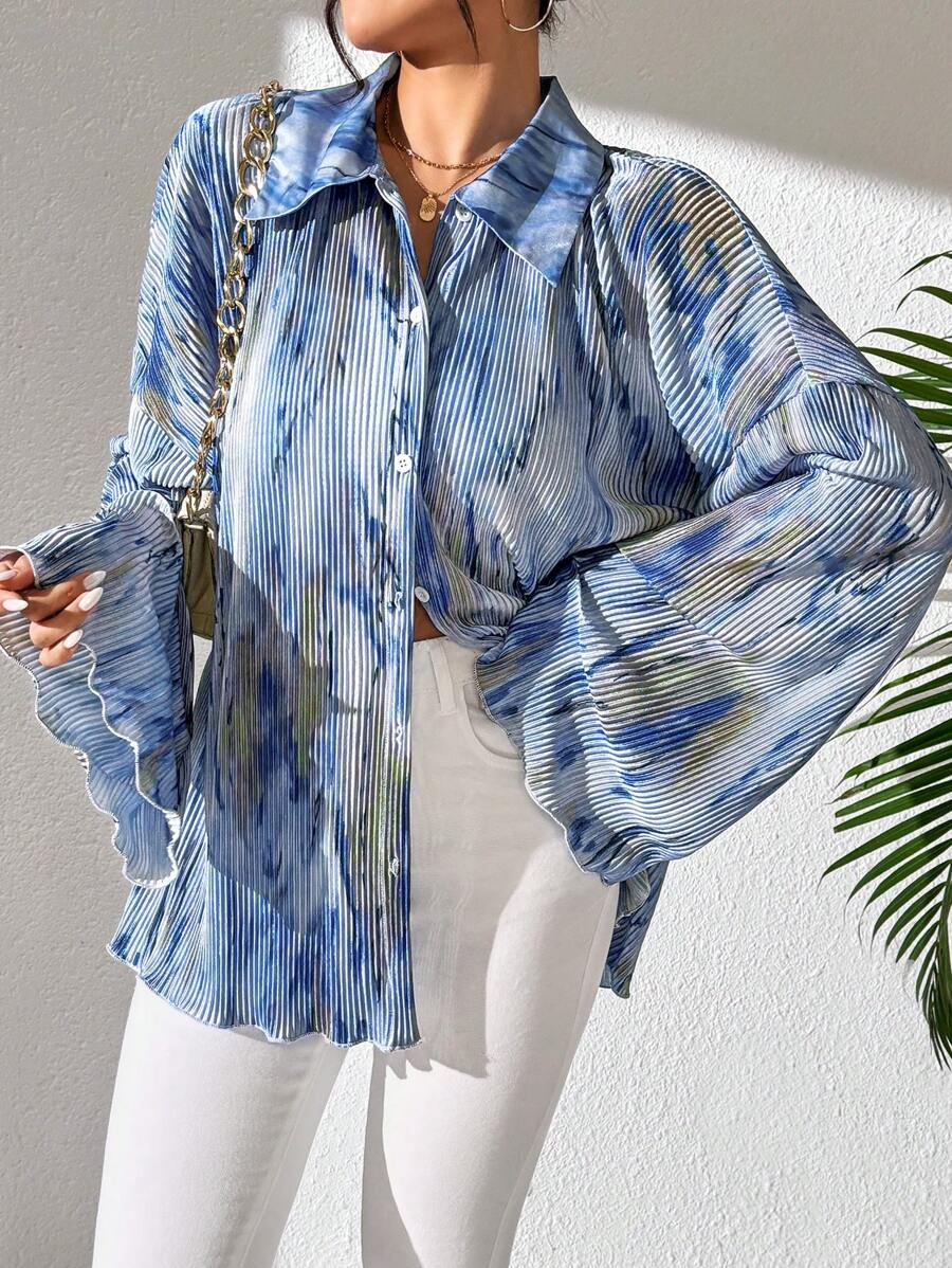 LUNE Women's Random Floral Print Bell Sleeve Blouse