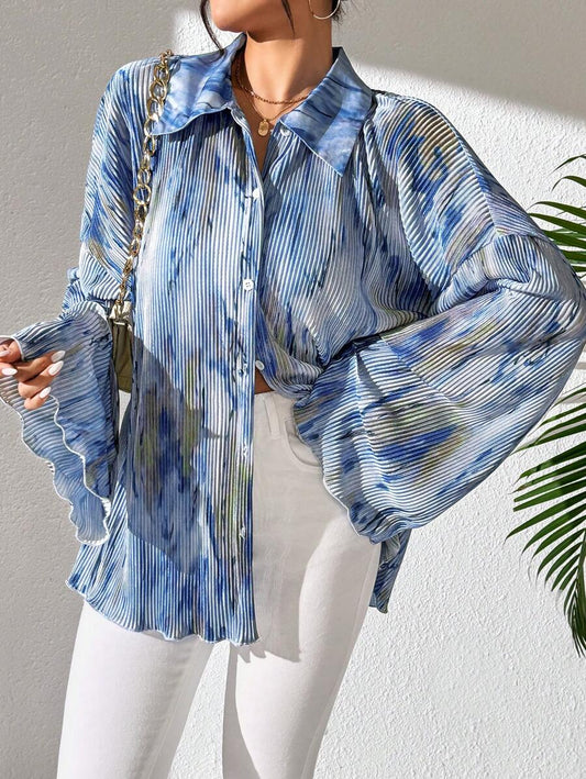 LUNE Women's Random Floral Print Bell Sleeve Blouse