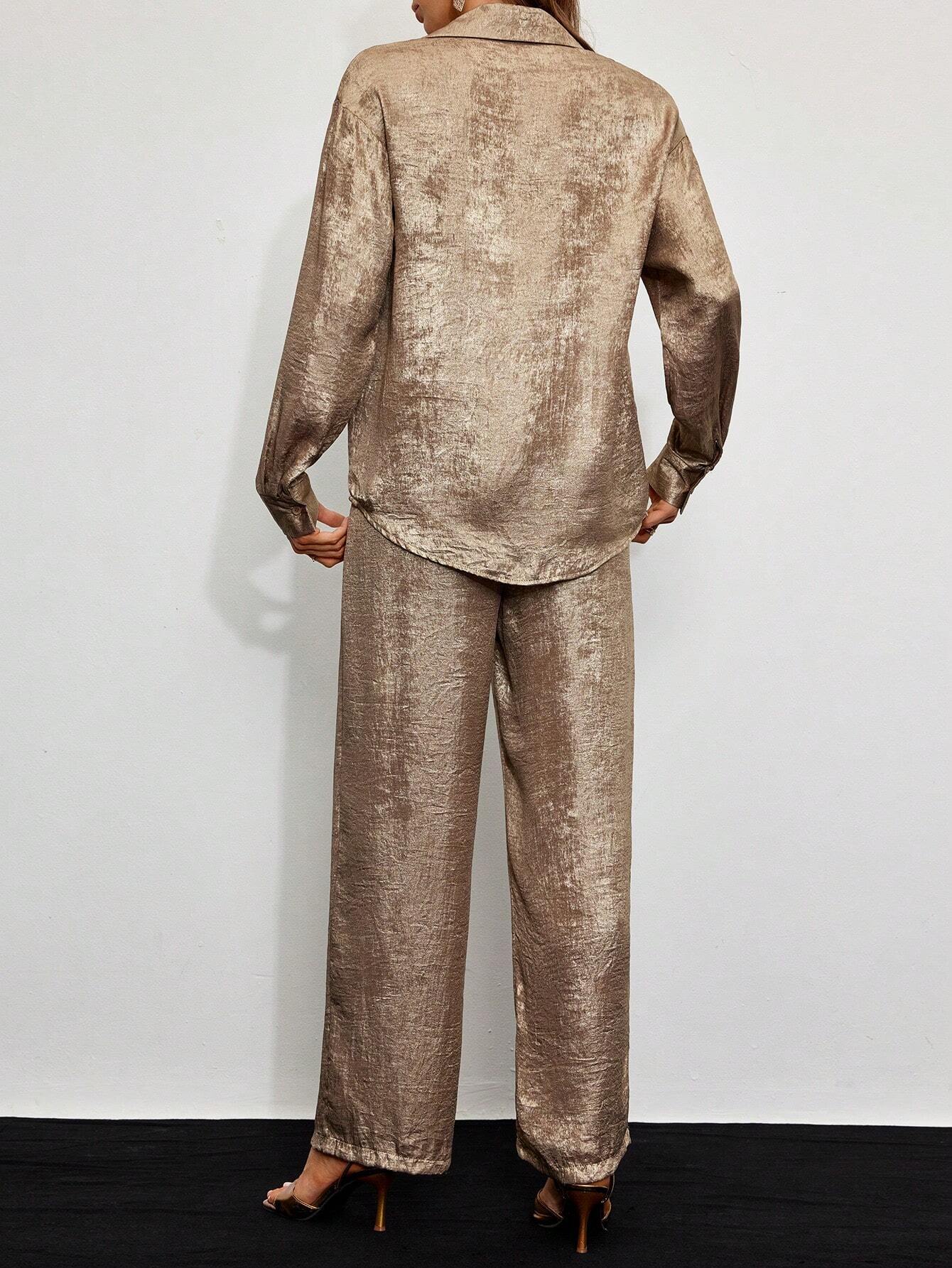 Clasi Metallic Fabric Casual Long Sleeve Shirt And Pants Set shein